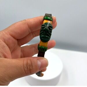 Vintage Carved Tribal Mask Bracelet Leather Cord Adjustable Brown‎ Green Yellow